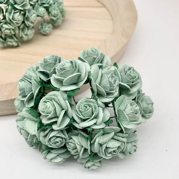 20 x Mulberry Paper Flowers Open Roses - 10mm, 15mm, 20mm or 25mm - Pale Sage Green