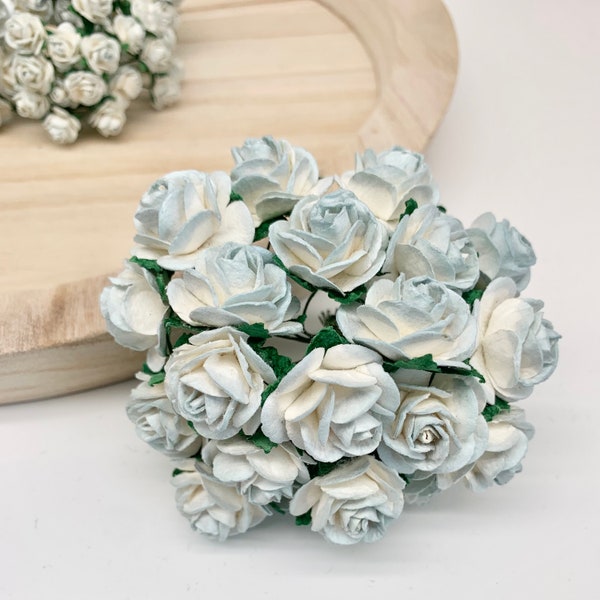 20 x Mulberry Paper Flowers Open Roses - 10mm, 15mm, 20mm or 25mm - Two Tone Antique Blue