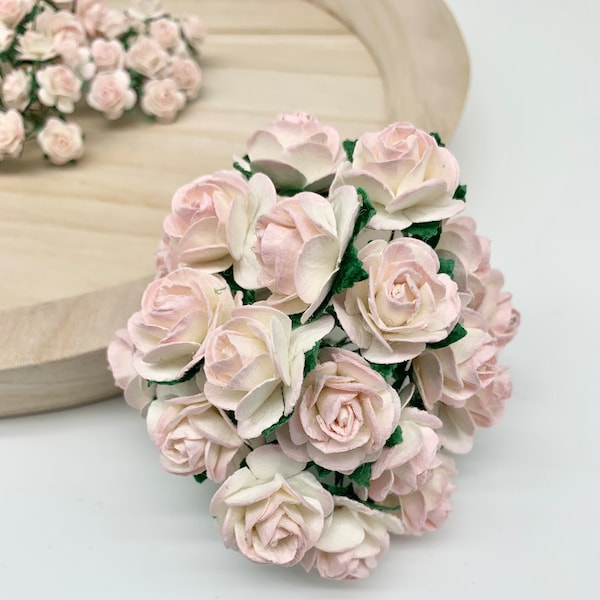 20 x Mulberry Paper Flowers Open Roses - 10mm, 15mm, 20mm or 25mm - Two Tone Pale Pink/Ivory