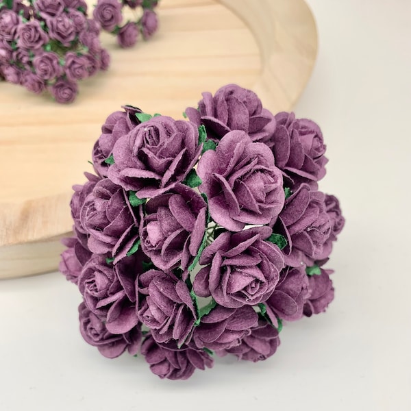 20 x Mulberry Paper Flowers Open Roses - 10mm, 15mm, 20mm or 25mm - Plum Aubergine