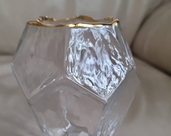 Elegant polyhedron European Mondex glass vase with golden color rim, 6-1/8" tall.