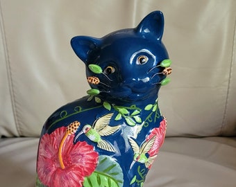 Beautiful cat with hummingbirds vase by Theodoro for WhimsiClay, 10" tall.