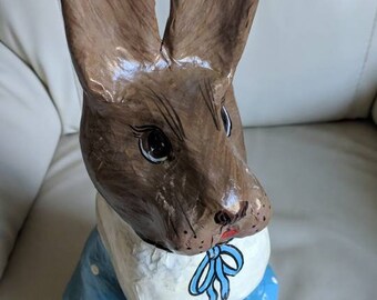 Vintage Paper Mache Tall Rabbit, handcrafted blue and white display, 16.5 inch tall.