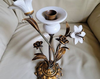 Beautiful handmade 13" tall metal and ceramic candle holder in floral pattern.