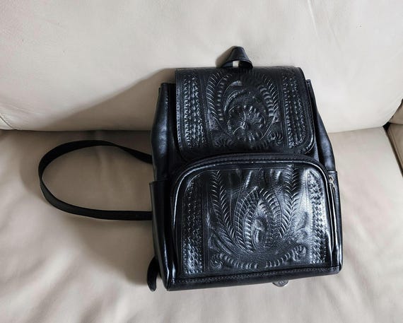 Hand-Tooled Black Leather Backpack, Portuguese Ar… - image 2