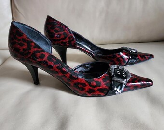 J. Renee Red Leopard Pumps Vegan Patent Kitten Heels Size 10M