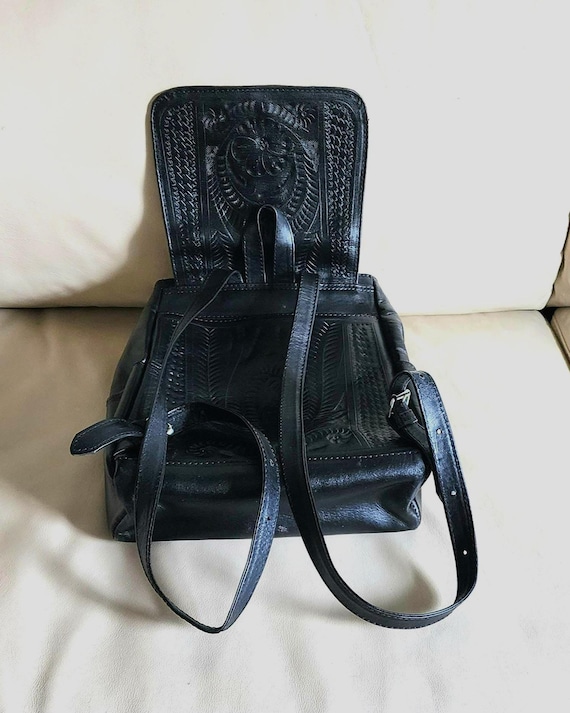 Hand-Tooled Black Leather Backpack, Portuguese Ar… - image 4