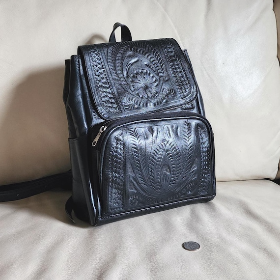 Hand-Tooled Black Leather Backpack, Portuguese Ar… - image 1