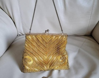 Vintage 1980s Charisma Gold Beaded Chevron Evening Bag with Gold Tone Chain Strap