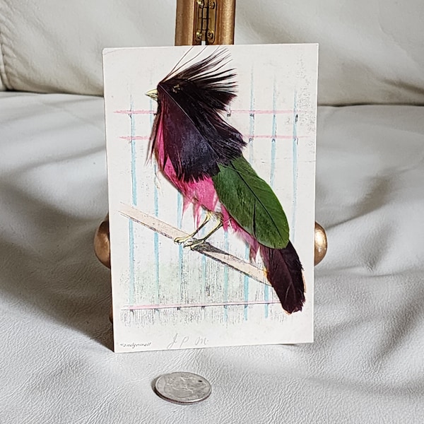 Antique hangemalt, hand painted feathers decorated bird postcard.