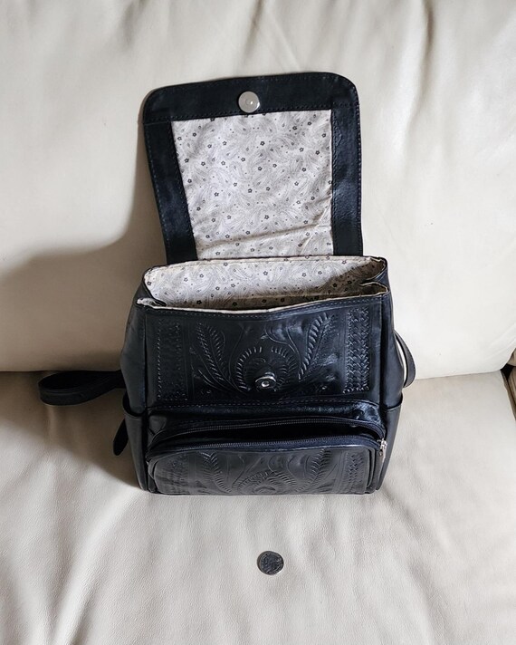 Hand-Tooled Black Leather Backpack, Portuguese Ar… - image 5