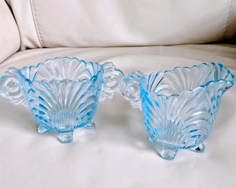 Vintage Tiara Blau Eis Glas Zucker Milchkännchen Set Prince Spiralmuster Indiana Glass