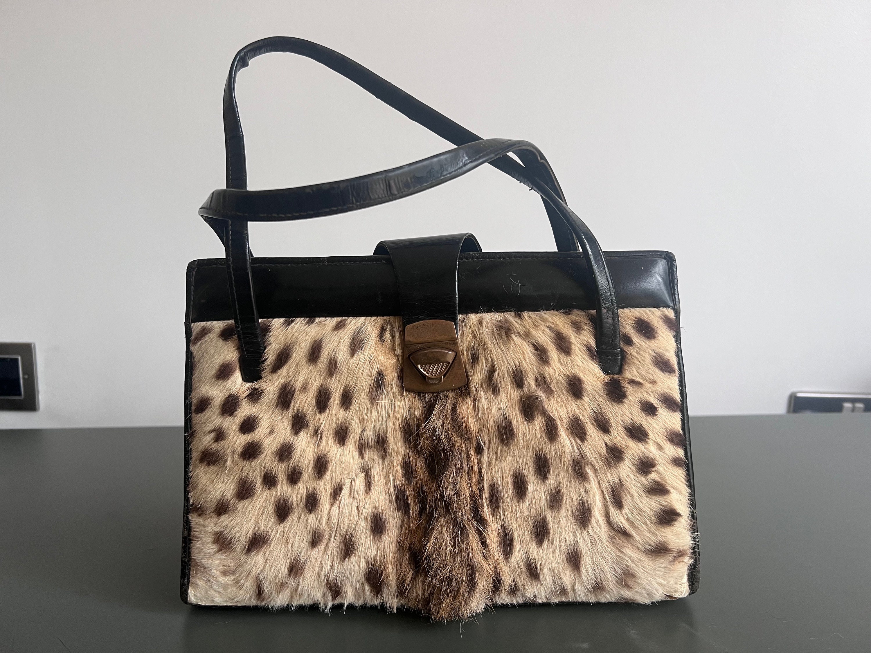 Vintage 90s Bottega Veneta reverisble leopard print black tote bag
