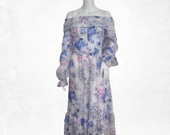 Vintage 1970s Boho Floral Maxi Dress, Violet off Shoulder Bardot Dress, Ruffles, Violet and Blue Summer Dress. Size L