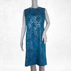 Abito tubino blu elettrico vintage di Kitty Copeland, anni &#39;60, abito midi blu e argento, taglia 10.