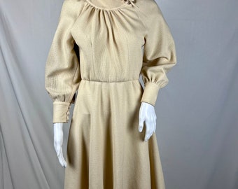 Vintage Cream 1970s Midi Dress, Folk Dress, Handmade Blouson Dress