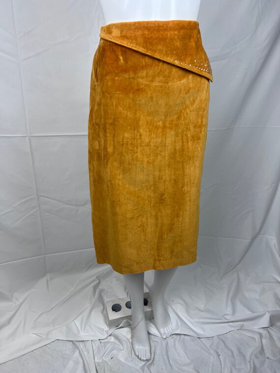Vintage 1980s Mustard Yellow Velvet Skirt, Diaman… - image 6
