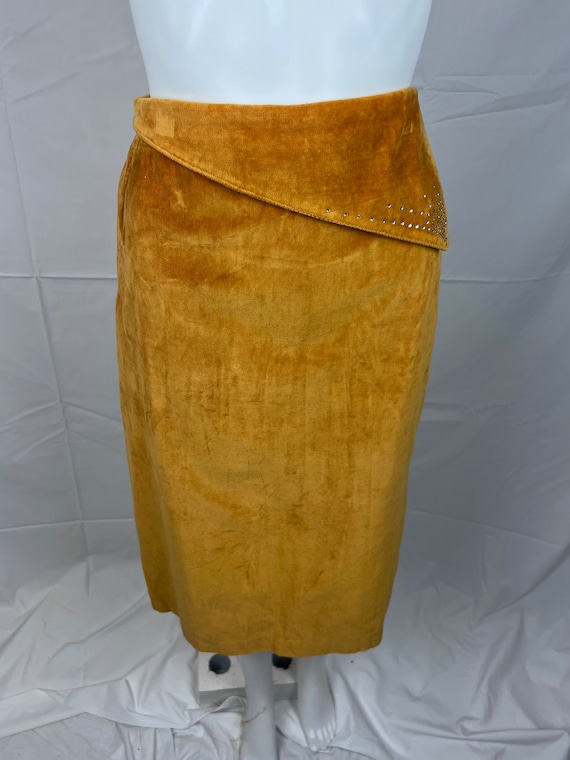 Vintage 1980s Mustard Yellow Velvet Skirt, Diaman… - image 5