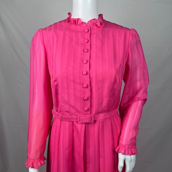 Vintage 1970s Cerise Pink Midi Dress, Romney by C.F.Welford of London, Sheer Dress, Bright Pink, Fuchsia, Pinstripe, Size 14