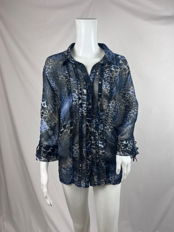 Vintage 1980s Blue Leopard Print Sheer Shirt, Blu… - image 5