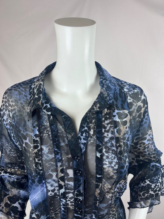 Vintage 1980s Blue Leopard Print Sheer Shirt, Blu… - image 4