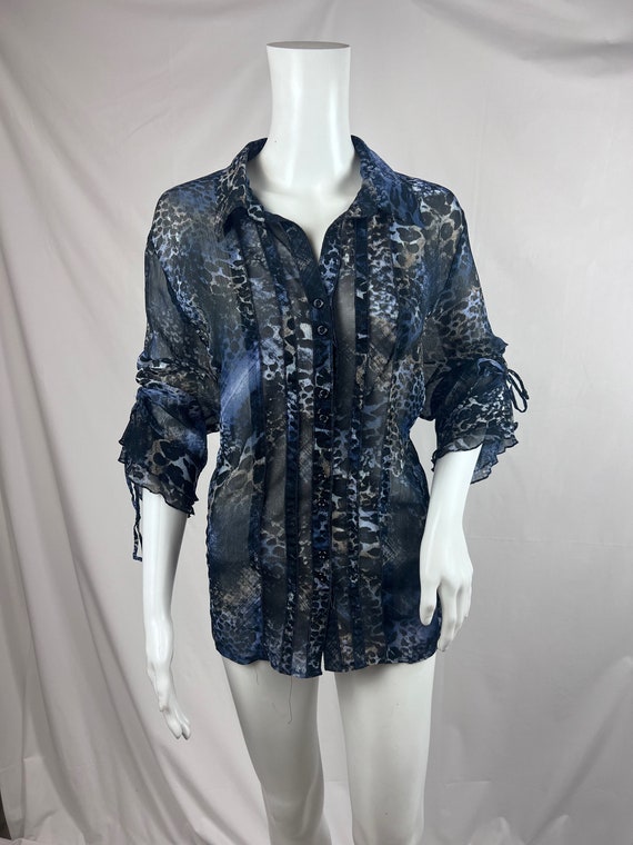 Vintage 1980s Blue Leopard Print Sheer Shirt, Blu… - image 2