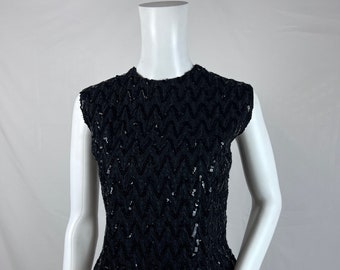 Vintage 1950s Sleeveless Black Sequin Top, Sequin Tank Top, Knit Top, Size Large