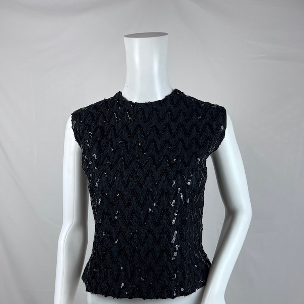 Vintage 1950s Sleeveless Black Sequin Top, Sequin Tank Top, Knit Top, Size Large