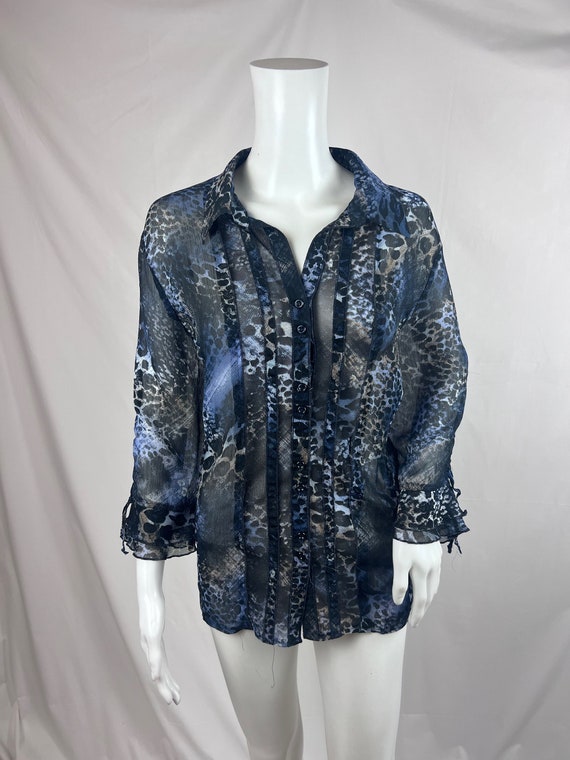 Vintage 1980s Blue Leopard Print Sheer Shirt, Blu… - image 3