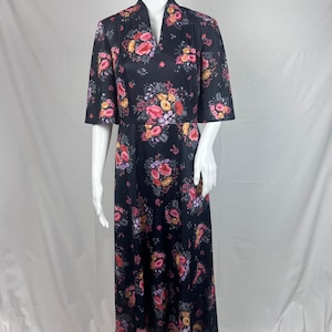 Vintage 1970s Silky Floral Maxi Dress, Chinese Style, Slip on, Black Dress