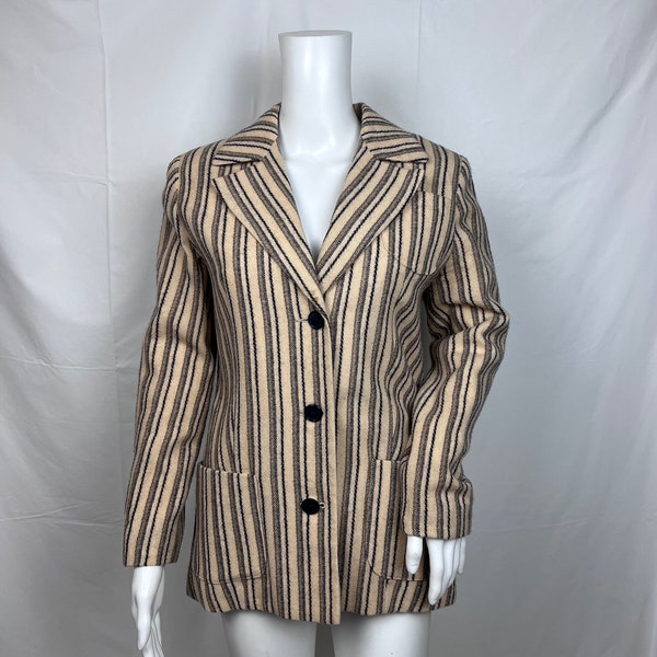 Vintage 1960s Scottish Wool Pinstripe Jacket, Women's Formal White and Blue Blazer, Size 14