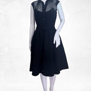 Vintage 1980s Thierry Mugler Black Denim Dress, Fit and Flare Dress, Corset Top, Net Detail, Size 12