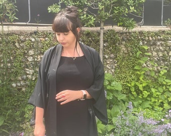 Chaqueta Happi Kimono de seda negra vintage de la década de 1950