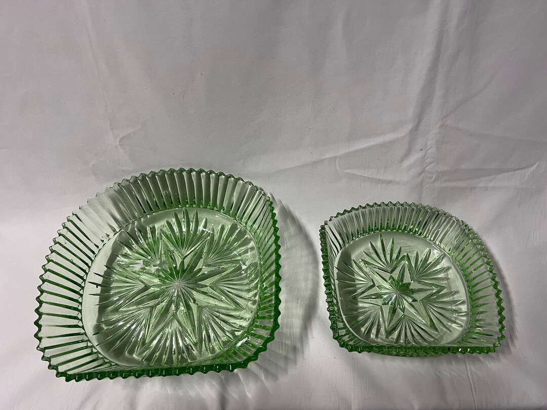 Two Stacking Lime Green Glass Dishes, Art Deco Glass, Fluted Edge
