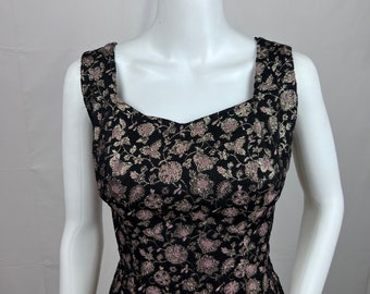 Vinatge 1950s Handmade Party Dress, Pink and Black Floral Embroidered Dress, Corset Top, Christmas, Prom Dress, Size 8