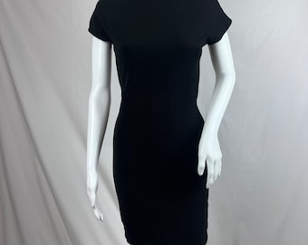 Vintage Black Bodycon Dress, High Gold Neck, Embroidery Neck, 1980s Black Party Dress, Size 6, Marie Helvin
