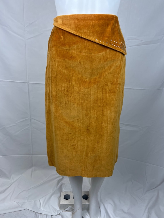 Vintage 1980s Mustard Yellow Velvet Skirt, Diaman… - image 2