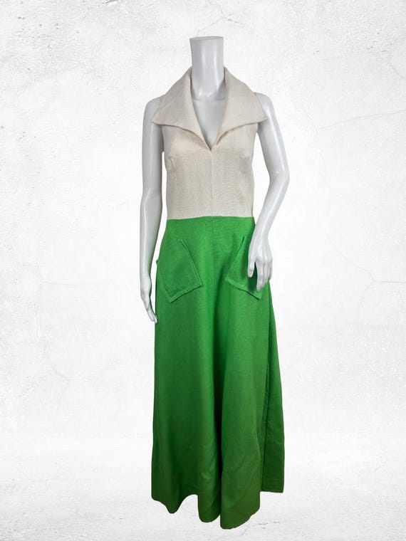 Vintage 1970s Jean Allen for Cresta. White and Green Naxi Dress.  Halterneck. Summer Dress. Size 16 - Etsy