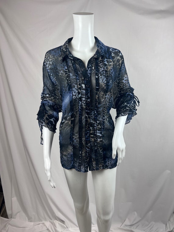 Vintage 1980s Blue Leopard Print Sheer Shirt, Blu… - image 1