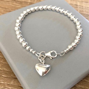 Sterling Silver Heart Charm Beaded Ball Bracelet, 925 Silver Jewelry Gift For Her