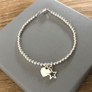 Silver Heart Star Charm Bracelet,  Sterling Silver Beaded Ball Bracelet with Magnetic Clasp,