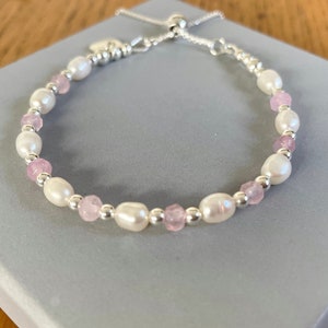 Rose Quartz Pearl Heart Bracelet, Sterling Silver Heart Charm Adjustable Slider Clasp Bracelet