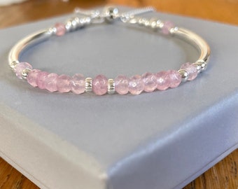 Rose Quartz Heart Charm Bracelet, Sterling Silver Slider Clasp Noodle Bracelet, Jewelry Gift for Wife, Friendship Jewellery