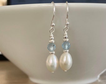 Blue Aquamarine Pearl Earrings, Sterling Silver Gemstone Earrings