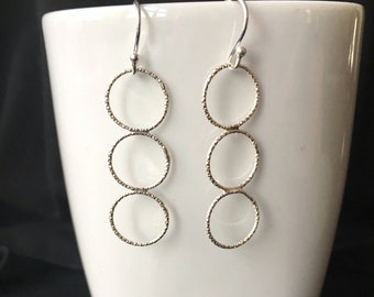 Sterling Silver Long Triple Circle Earrings, 925 Silver Textured Modern Jewellery, Gift for Her, UK