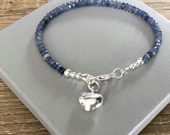 Blue Burmese Sapphire Heart Charm Bracelet, Sterling Silver Gemstone, September Birthstone, Birthday Jewellery Gift For Her,