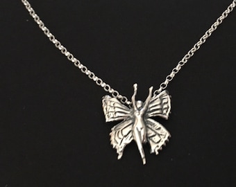 Sterling Silver Fairy Butterfly Pendant Necklace, 925 Silver Jewellery Gift, Art Nouveau
