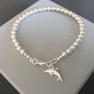 Sterling Silver Dolphin Charm Bracelet, 925 Silver Beaded Ball Bracelet, Jewelry Gift for Her