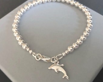 Sterling Silver Dolphin Charm Bracelet, 925 Silver Beaded Ball Bracelet, Jewelry Gift for Her