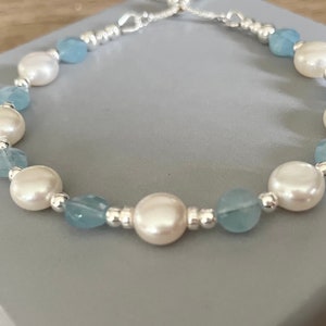 Aquamarine  and Pearl  Bracelet, Sterling Silver Slider Clasp Adjustable Bracelet, Jewellery Gift for Her, March Birthstone Jewellery